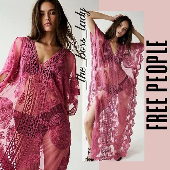 Free People kaftan all tous one-piece coverup sheer floral embroidered pullover - Picture 1 of 8